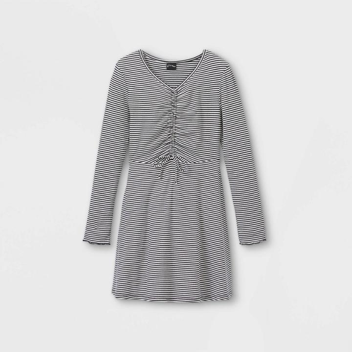 Girls' Cinch Front Long Sleeve Dress - Art Class Black/white