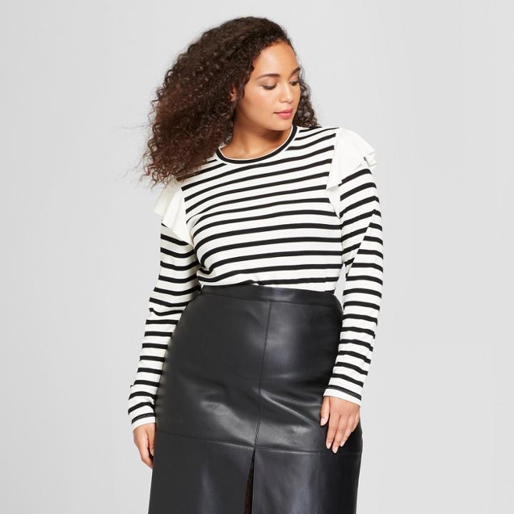 Women's Plus Size Long Sleeve Shoulder Frill Crew T-shirt - Who What Wear White/black Stripe 4x, Black/white
