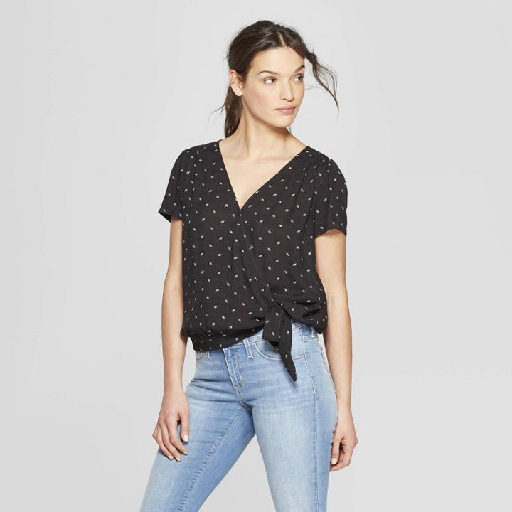 Women's Floral Print Short Sleeve V-neck Wrap Top - Universal Thread Black