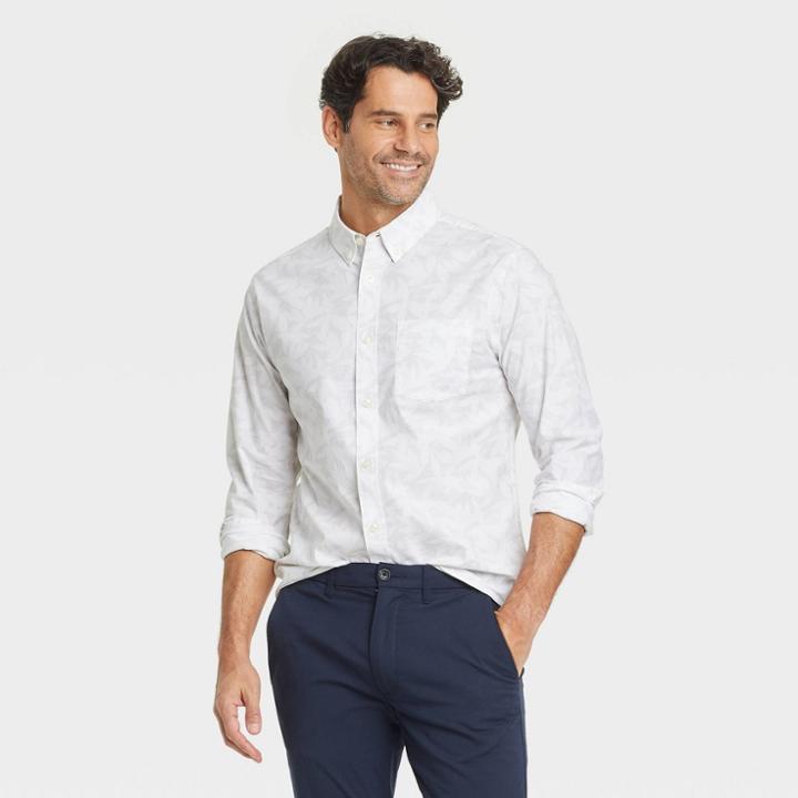 Men's Printed Standard Fit Long Sleeve Button-down Shirt - Goodfellow & Co Off-white/leaf