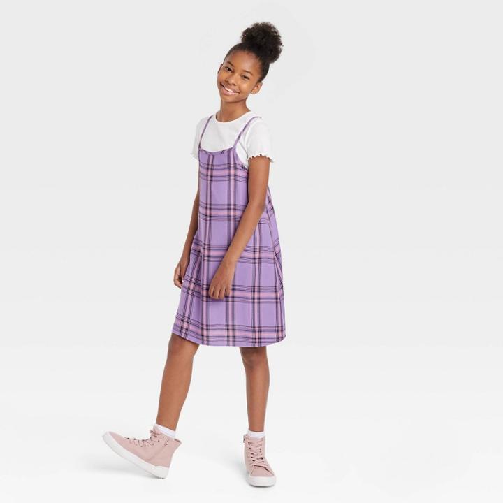 Girls' 2 For 1 Slip Dress - Art Class Purple Plaid