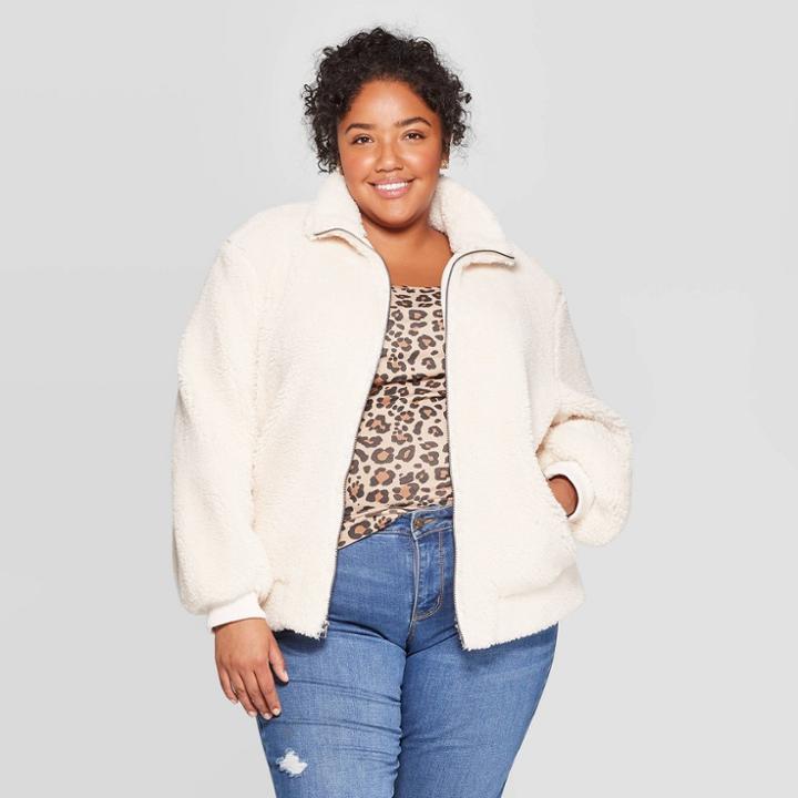 Women's Plus Size Long Sleeve Bomber Jacket - Ava & Viv Cream 1x, Size: