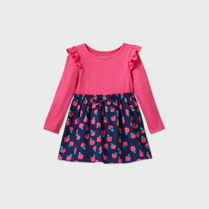 Toddler Girls' Long Sleeve Apple Dress - Cat & Jack Dark Pink