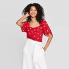 Women's Floral Print Short Sleeve Square Neck Top - A New Day Red