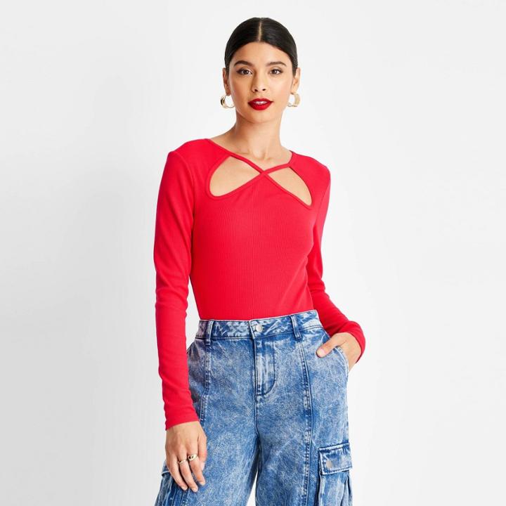 Women's Ribbed Cut Out Neck Bodysuit - Future Collective With Kahlana Barfield Brown Red Xxs