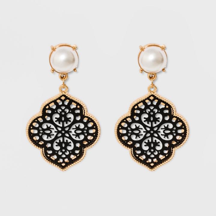 Pearl Cab And Filigree Pattern Drop Earrings - A New Day Black