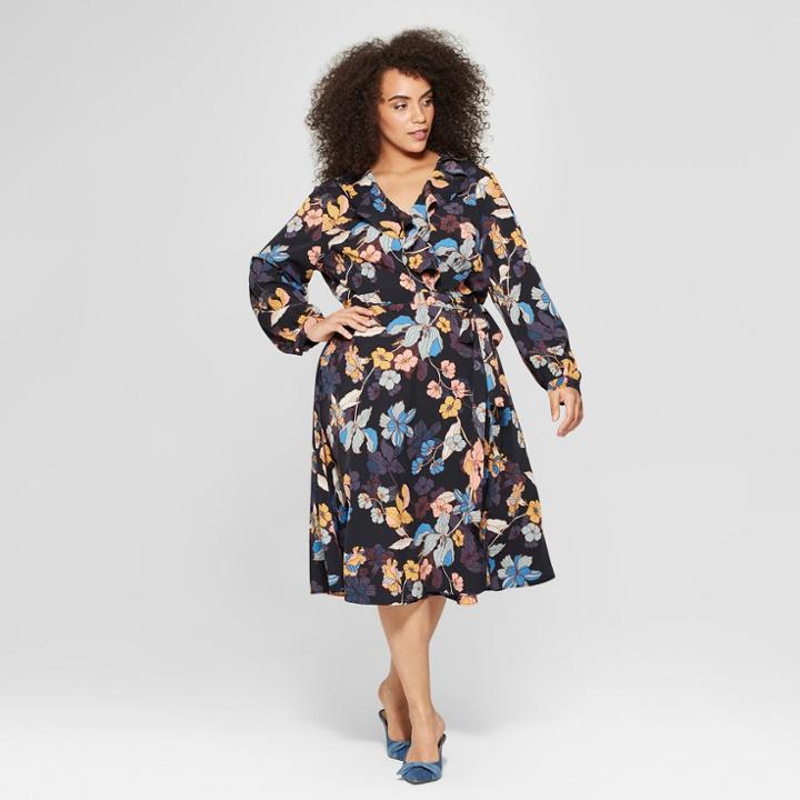 Women's Plus Size Floral Print Long Sleeve Ruffle Wrap Midi Dress - Who What Wear Black/pink