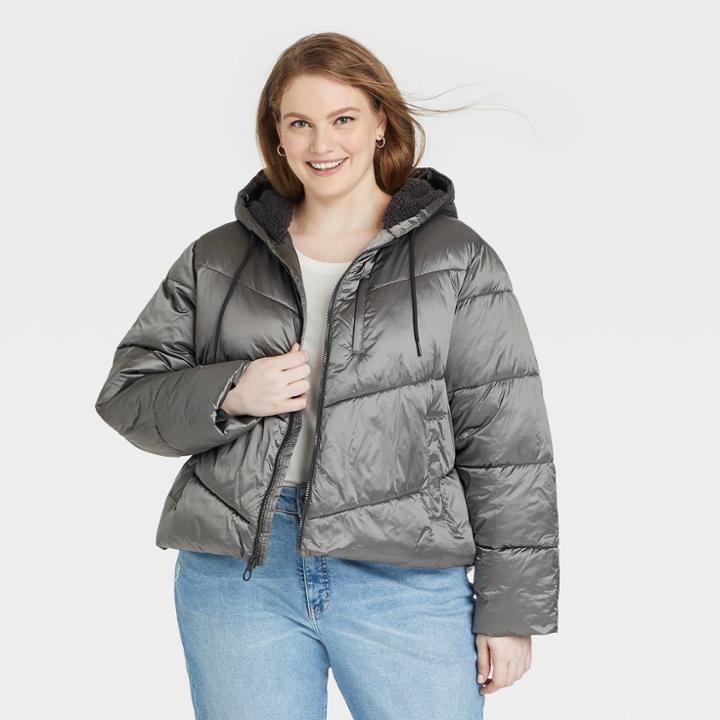 Women's Plus Size Short Puffer Jacket - Ava & Viv Gray X