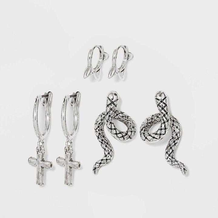 Huggie Hoop Cross And Snake Trio Earring Set 3pc - Wild Fable