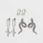 Huggie Hoop Cross And Snake Trio Earring Set 3pc - Wild Fable