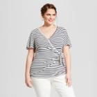 Women's Plus Size Striped Short Sleeve V-neck Knit Top - Xhilaration Navy/white X, Blue