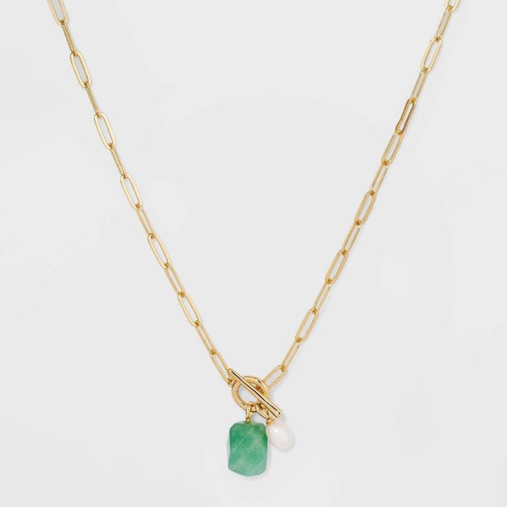 Paperclip Gold Dipped And Aventurine Pearl Chain Necklace - A New Day