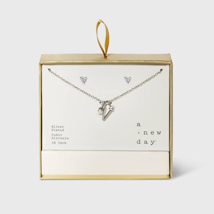 Silver Plated With Cubic Zirconia And Pearl Initial 'v' Charm Cluster Necklace And Earring Set - A New Day