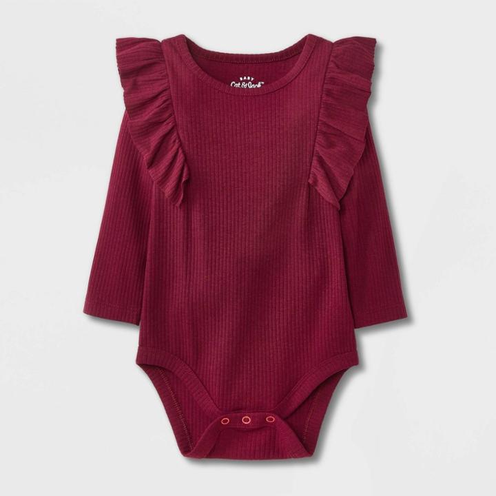 Baby Girls' Rib Ruffle Long Sleeve Bodysuit - Cat & Jack Burgundy Newborn, Red