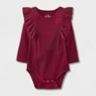 Baby Girls' Rib Ruffle Long Sleeve Bodysuit - Cat & Jack Burgundy Newborn, Red