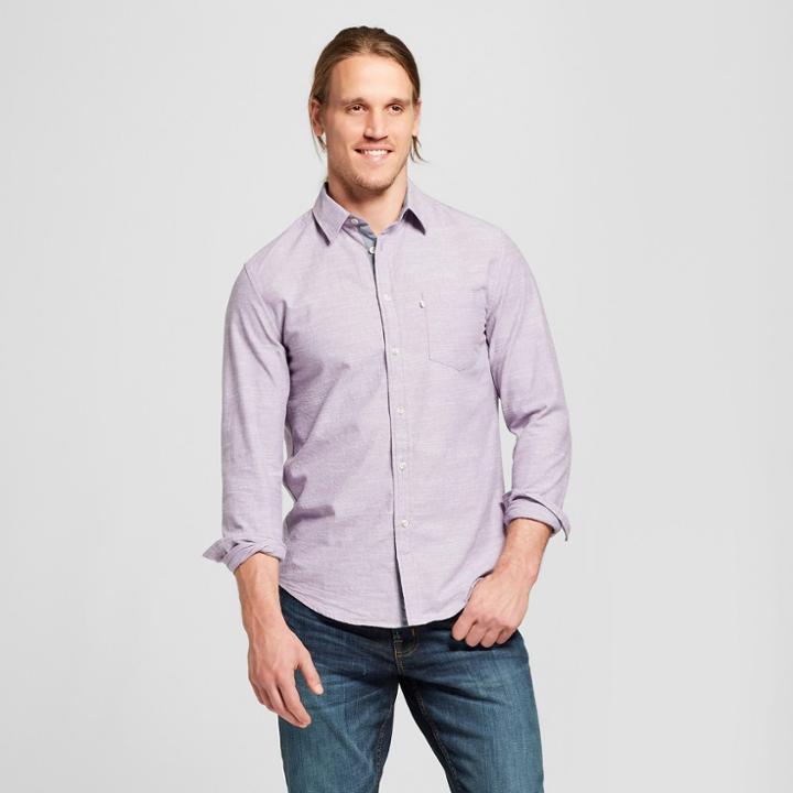 Men's Standard Fit Cotton Slub Solid Long Sleeve Button-down Shirt - Goodfellow & Co Violet (purple)