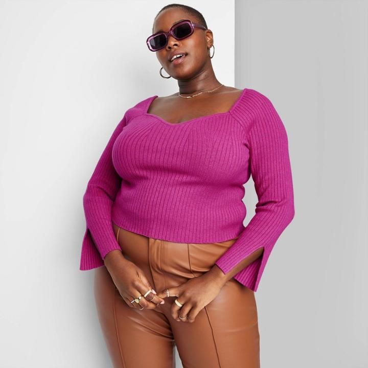 Women's Plus Size Sweetheart Neck Fitted Pullover Sweater - Wild Fable Plum Purple