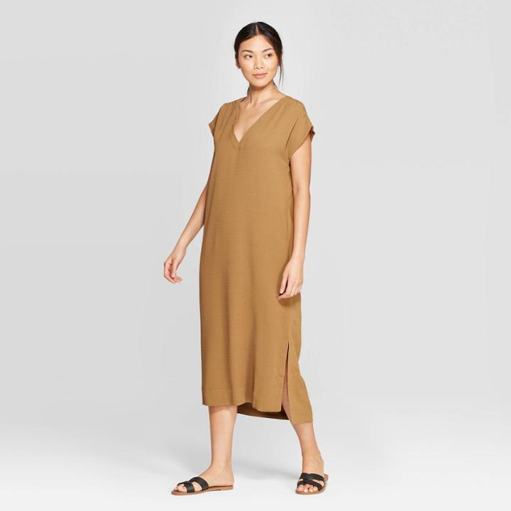 Women's Short Sleeve V-neck Shift Midi Dress - Prologue Brown