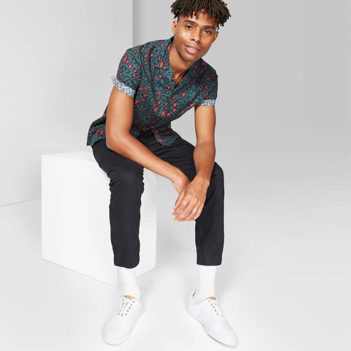 Petitemen's Leopard Print Short Sleeve Poplin Camp Button-down Shirt - Original Use Forest Storm Xl,