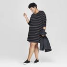 Women's Plus Size Striped Long Sleeve Knit Swing Dress - Ava & Viv Black/white