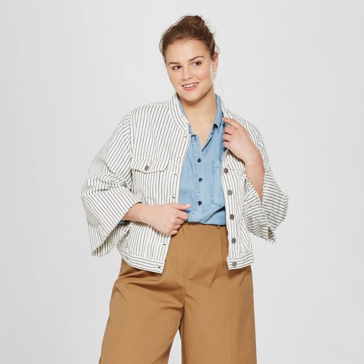 Women's Plus Size Striped Long Sleeve Shrunken Trucker Jacket - Who What Wear Blue/white X