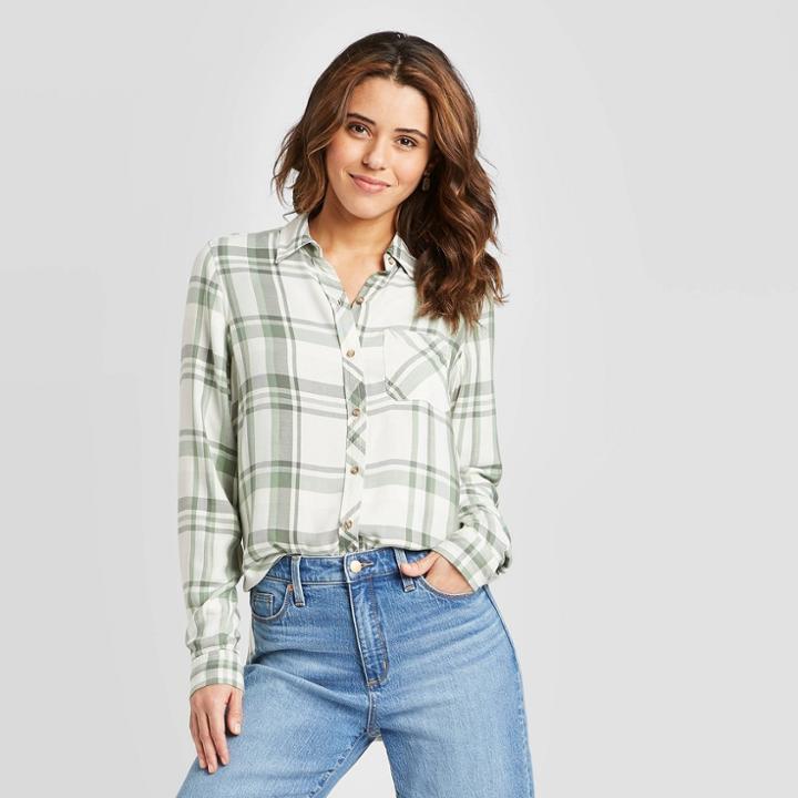 Women's Plaid Long Sleeve Button-down Shirt - Universal Thread Green