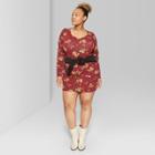 Women's Plus Size Floral Print Long Sleeve Ruched Front Knit Dress - Wild Fable Burgundy