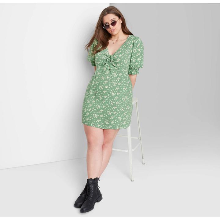 Women's Plus Size Floral Print Puff Short Sleeve Tie-front Dress - Wild Fable