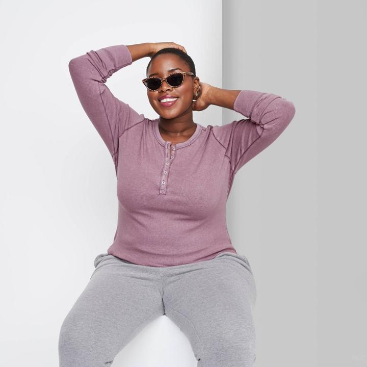 Women's Plus Size Long Sleeve Round Neck T-shirt - Wild Fable Purple Rib