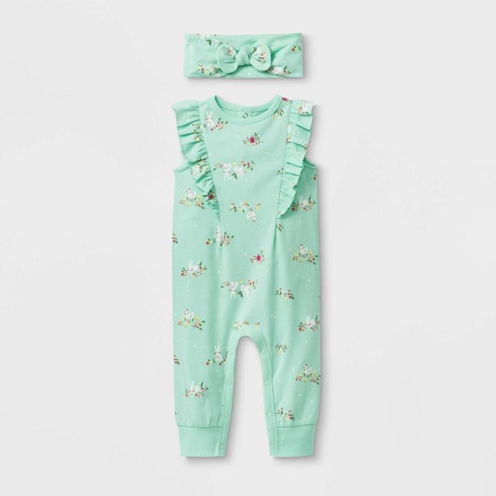 Baby Ruffle Shoulder Romper With Headband - Cat & Jack Green Newborn, Kids Unisex