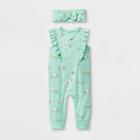 Baby Ruffle Shoulder Romper With Headband - Cat & Jack Green Newborn, Kids Unisex