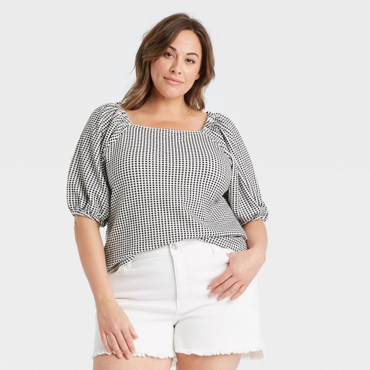 Women's Plus Size Square Neck Slim Fit Puff Sleeve Top - Ava & Viv Black X