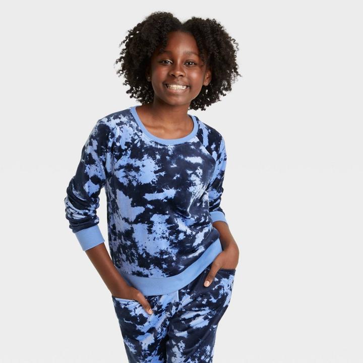 Girls' Cozy Velour Crewneck Sweatshirt - Art Class Blue