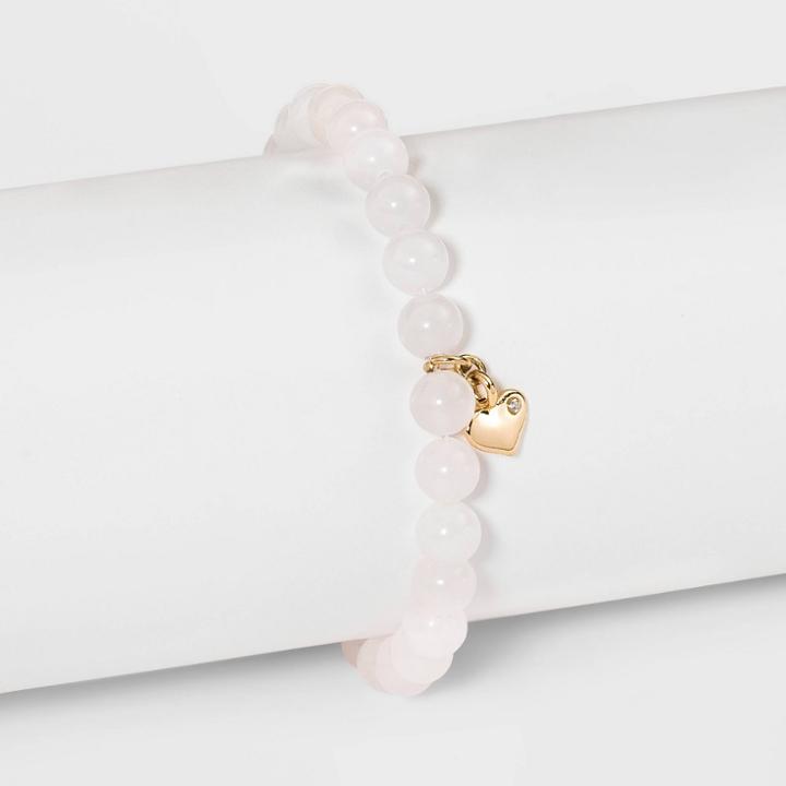 No Brand Heart Charm With Semi-precious Beaded Bracelet - Pink, Women's