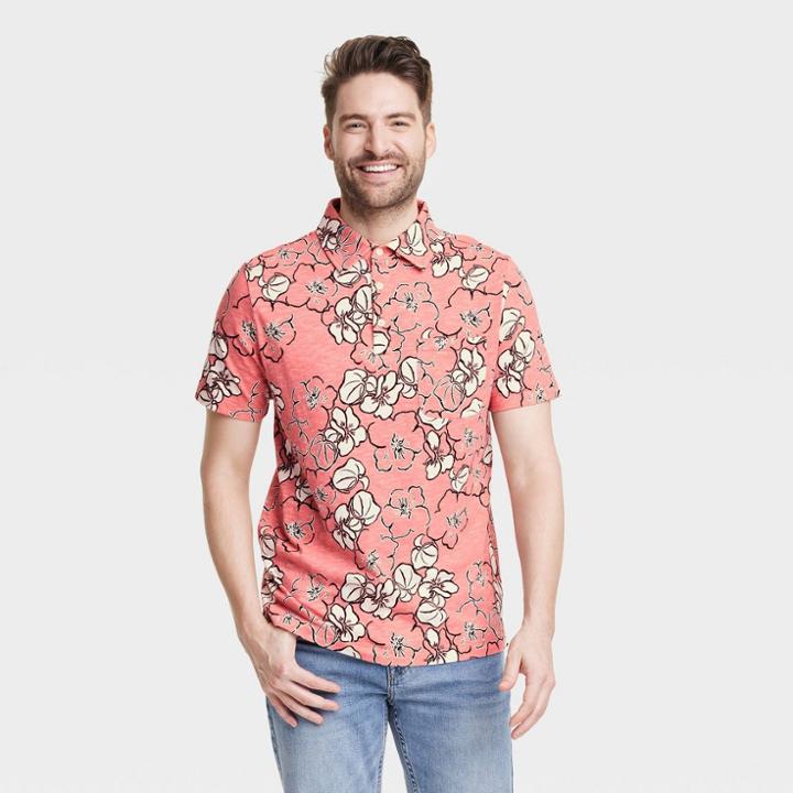 Men's Regular Fit Short Sleeve Slub Jersey Collared Polo Shirt - Goodfellow & Co Coral Pink/floral Print