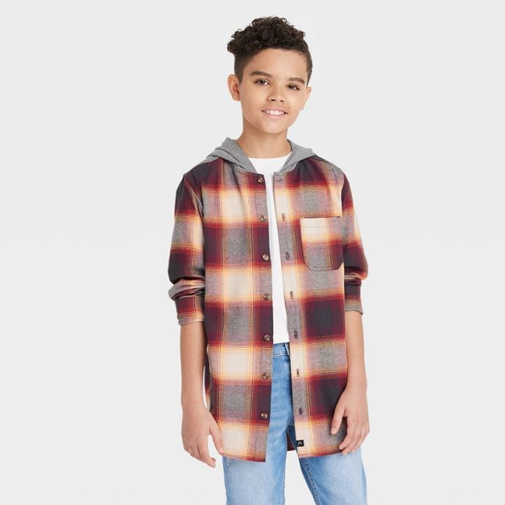 Boys' Flannel Hooded Long Sleeve Button-down Shirt - Art Class Cream