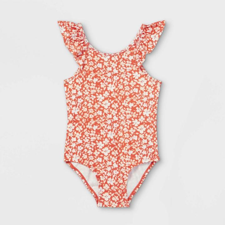 Toddler Girls' Floral Ruffle Sleeve One Piece Swimsuit - Cat & Jack Rust
