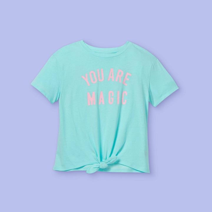 Girls' 'you Are Magic' Tie-front Short Sleeve Graphic T-shirt - More Than Magic Aqua