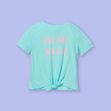 Girls' 'you Are Magic' Tie-front Short Sleeve Graphic T-shirt - More Than Magic Aqua