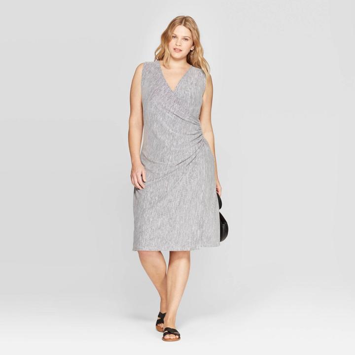 Women's Plus Size Striped Sleeveless V-neck Gathered Wrap Dress - Ava & Viv Navy/white