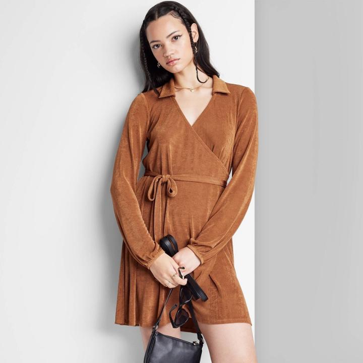 Women's Balloon Long Sleeve Wrap Dress - Wild Fable Copper