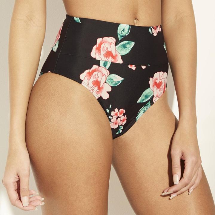 Women's High Waist Bikini Bottom - Xhilaration Black Floral