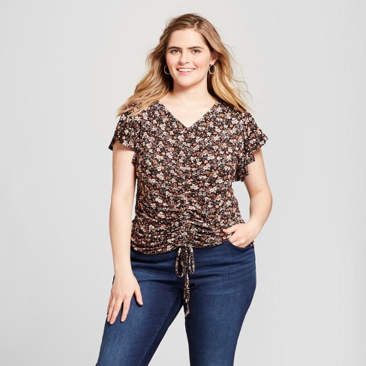 Women's Plus Size Floral Ruched Short Sleeve Top - Xhilaration Brown X, Black