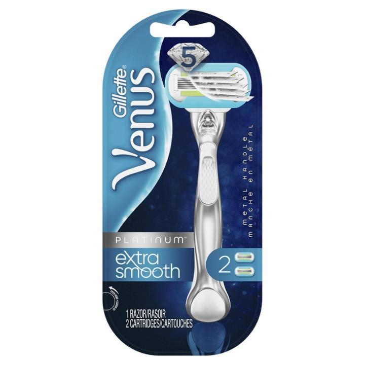 Venus Platinum Extra Smooth Women's Metal Handle Razor + 2 Razor Blade Refills
