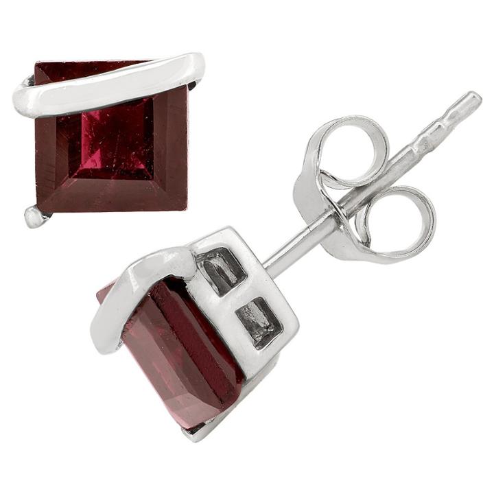 Tiara Princess-cut Garnet Stud Earrings In Sterling Silver, Women's