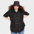 No Brand Pride Adult Plus Size Short Sleeve Woven Grid Button-down Shirt - Black Rainbow