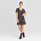 Women's Floral Print Short Sleeve V-neck Wrap Mini Dress - Xhilaration Black