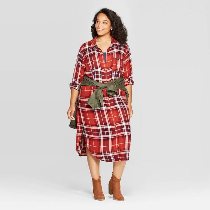 Women's Plus Size Plaid Midi T-shirt Dress - Universal Thread Red X