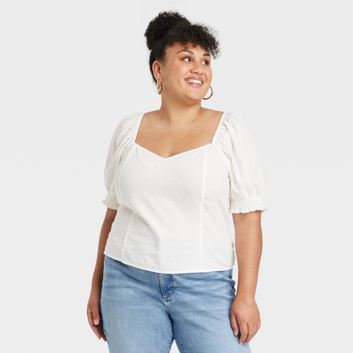 Women's Plus Size Puff Elbow Sleeve Blouse - Ava & Viv Cream X, Ivory