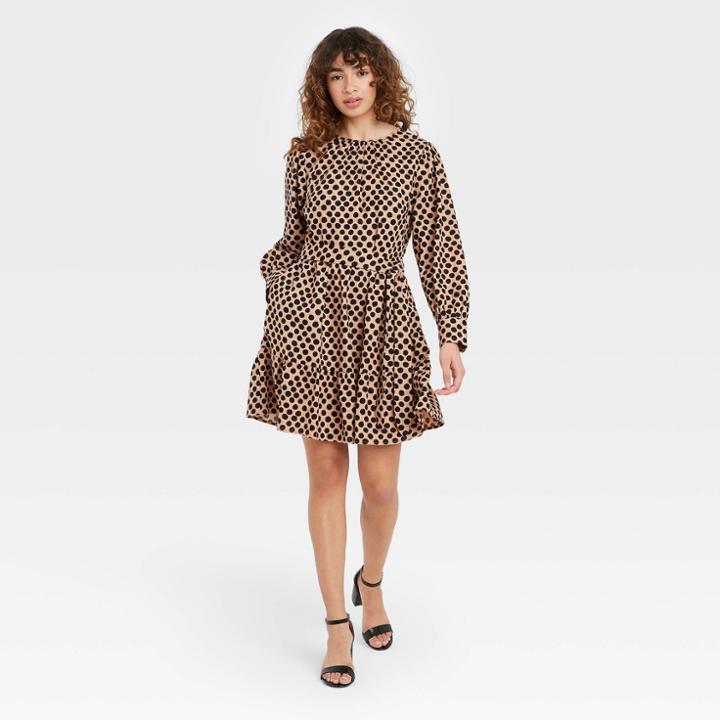 Women's Polka Dot Long Balloon Sleeve Tiered Dress - Who What Wear Brown